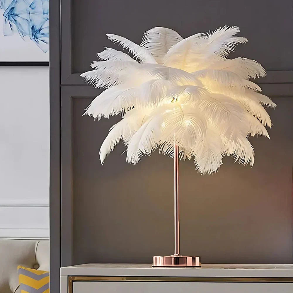 Feather Table Lamp with Metal Stem and Round Base