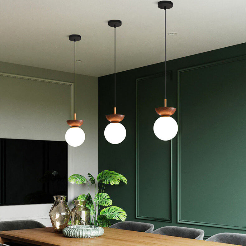 Single Globe Ceiling Light with Wooden Detail and Metal Mount