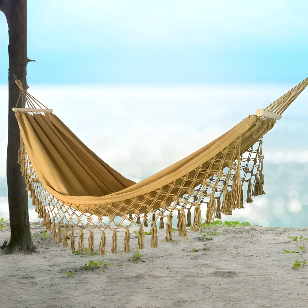 Cotton Hammock with Fringe Tassels and Wooden Spreader Bar