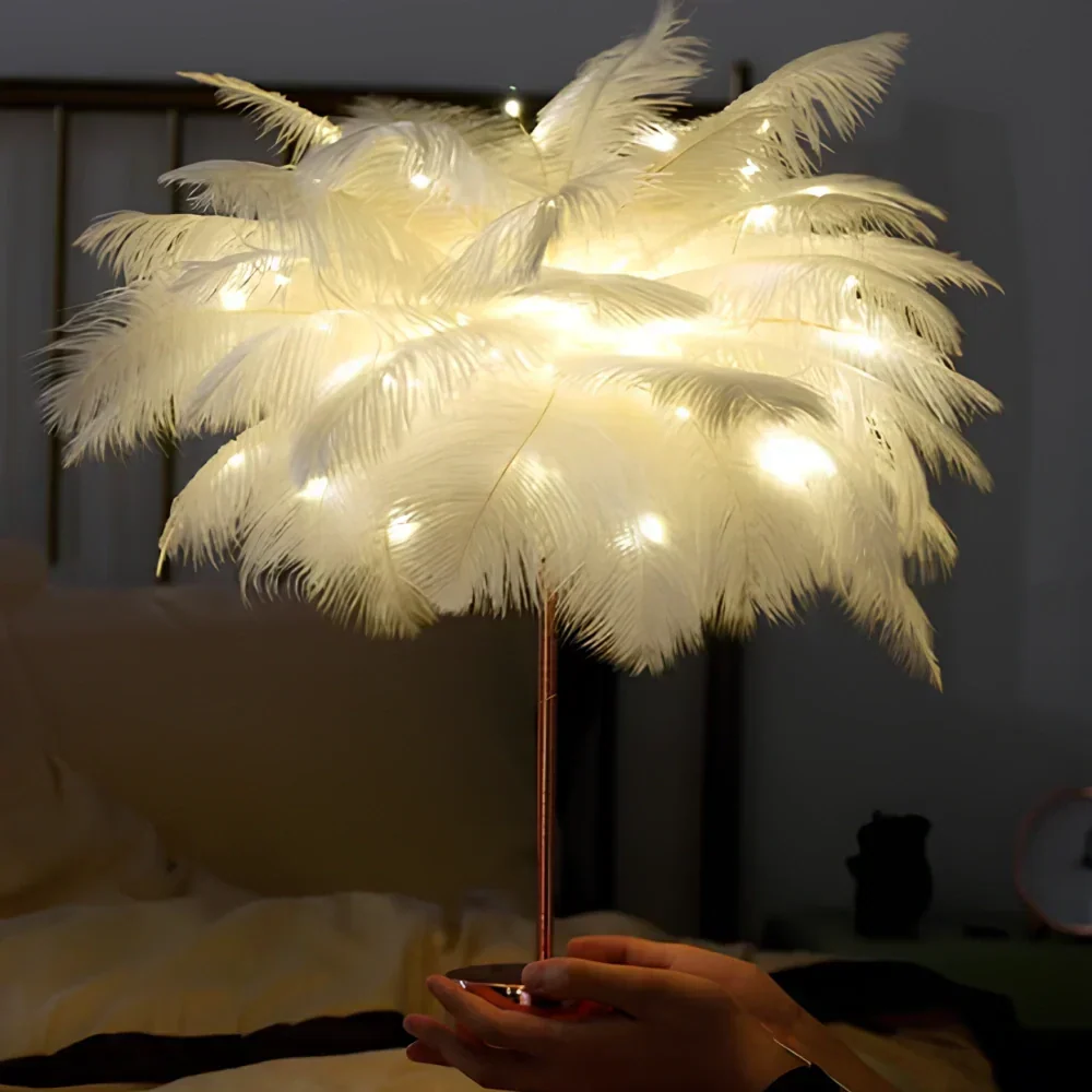 Feather Table Lamp with Metal Stem and Round Base