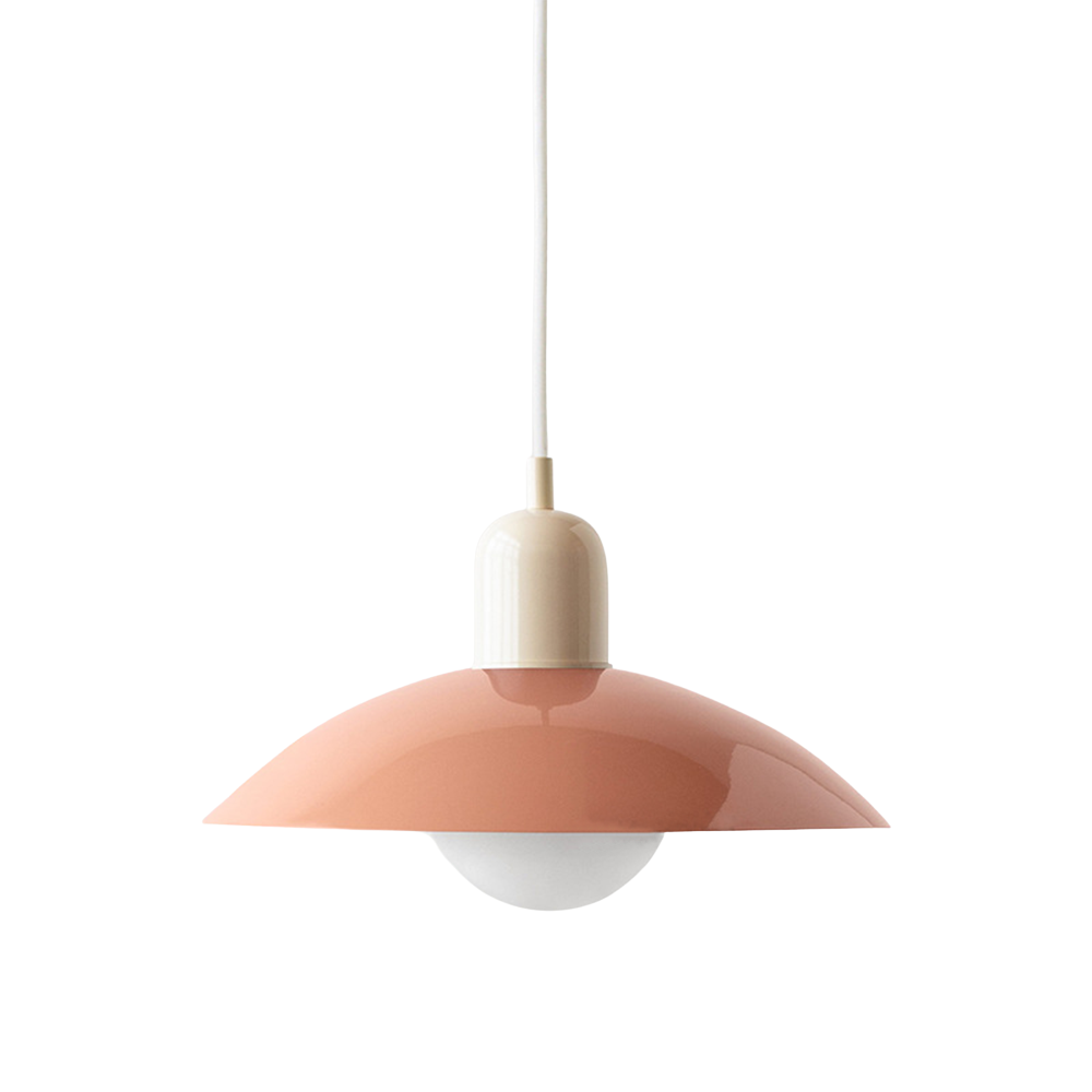 Hanging ceiling lamp with shallow curved metal shade