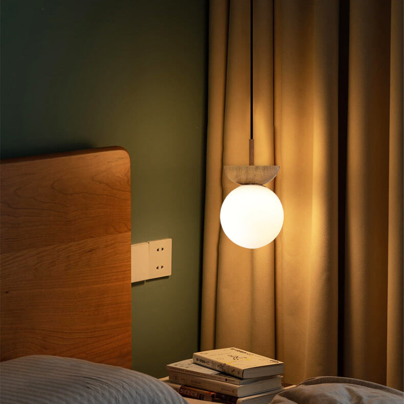 Single Globe Ceiling Light with Wooden Detail and Metal Mount