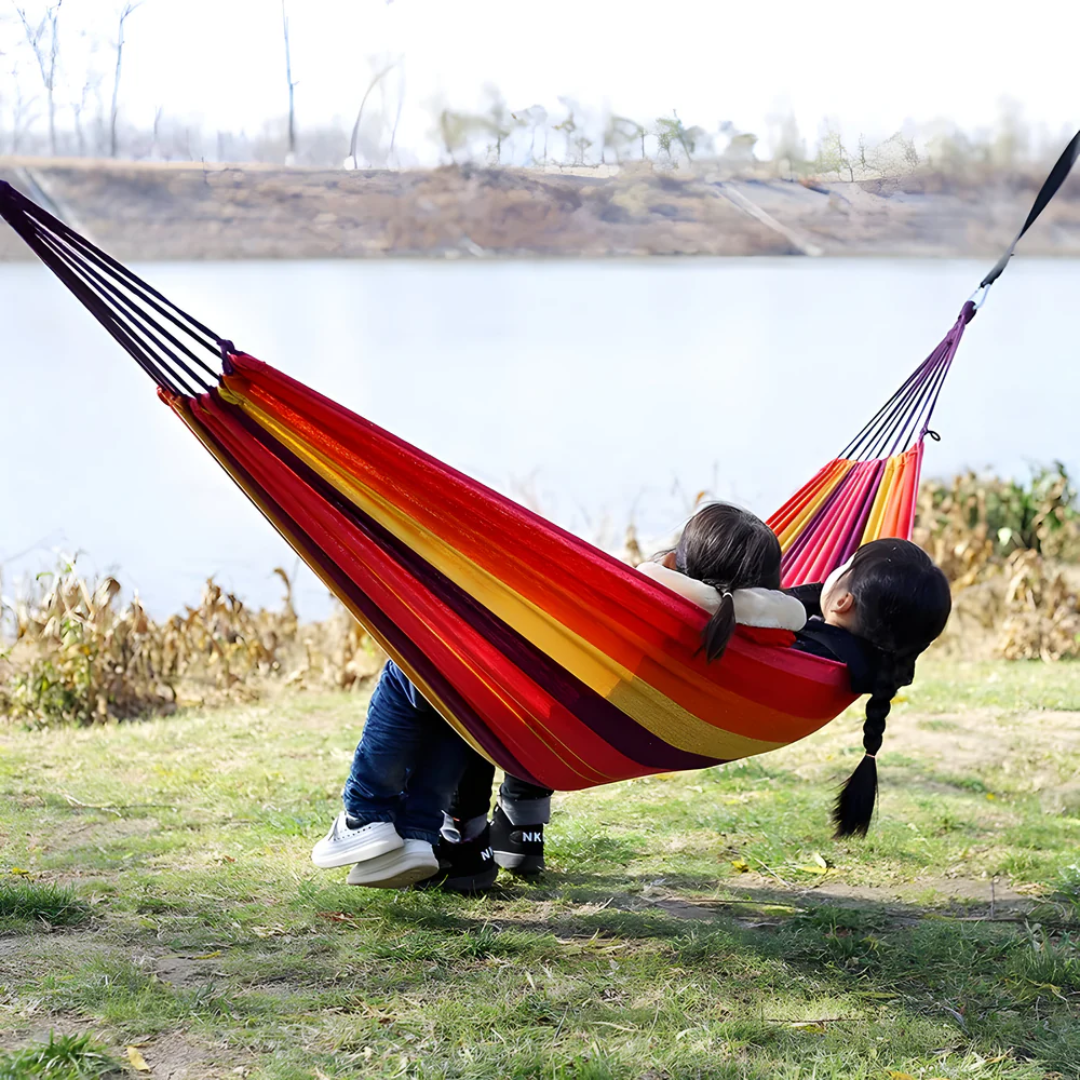 Outdoor Fabric Hammock with Striped Pattern and Rope Loops