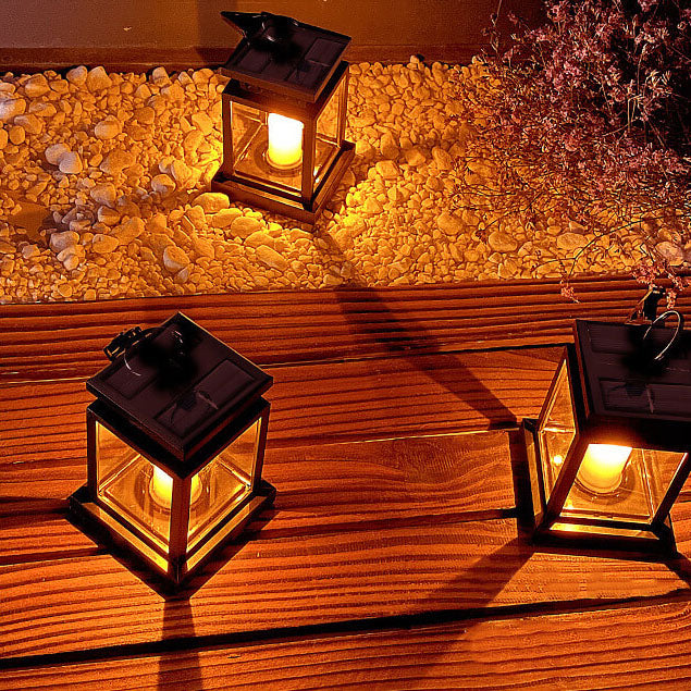Solar Hanging Lantern with LED Candle and Glass Panels