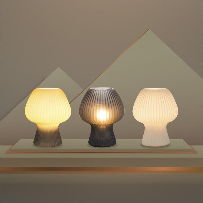 Vintage Bedside Table Lamp Ribbed Glass Mushroom Dimmable Nightstand Light