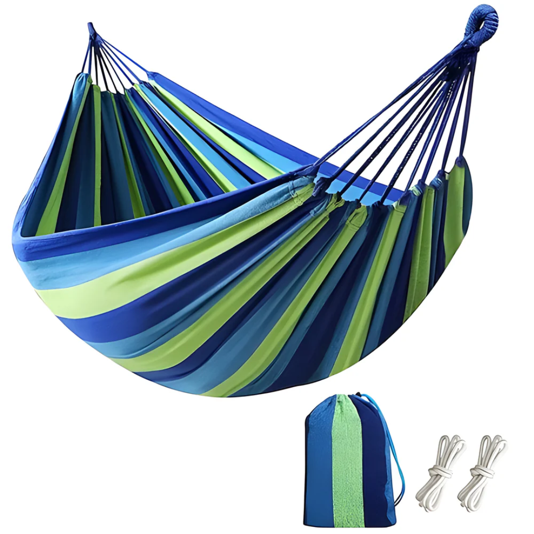 Outdoor Fabric Hammock with Striped Pattern and Rope Loops