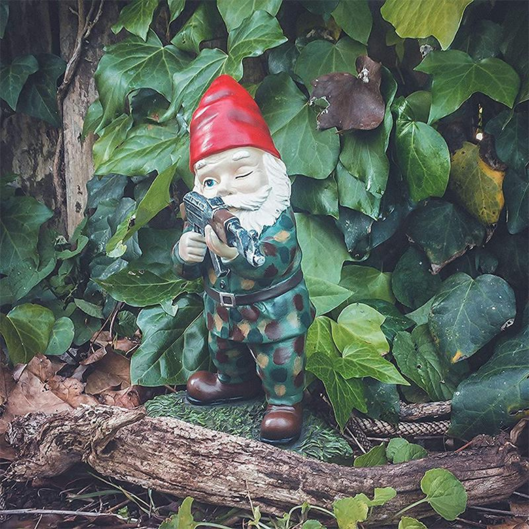 Garden Gnome Statue with Military Outfit and Toy Gun