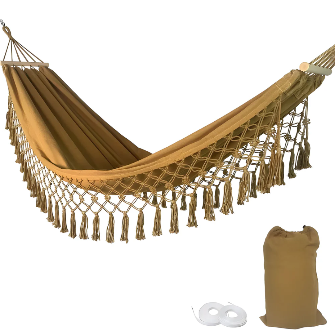 Cotton Hammock with Fringe Tassels and Wooden Spreader Bar
