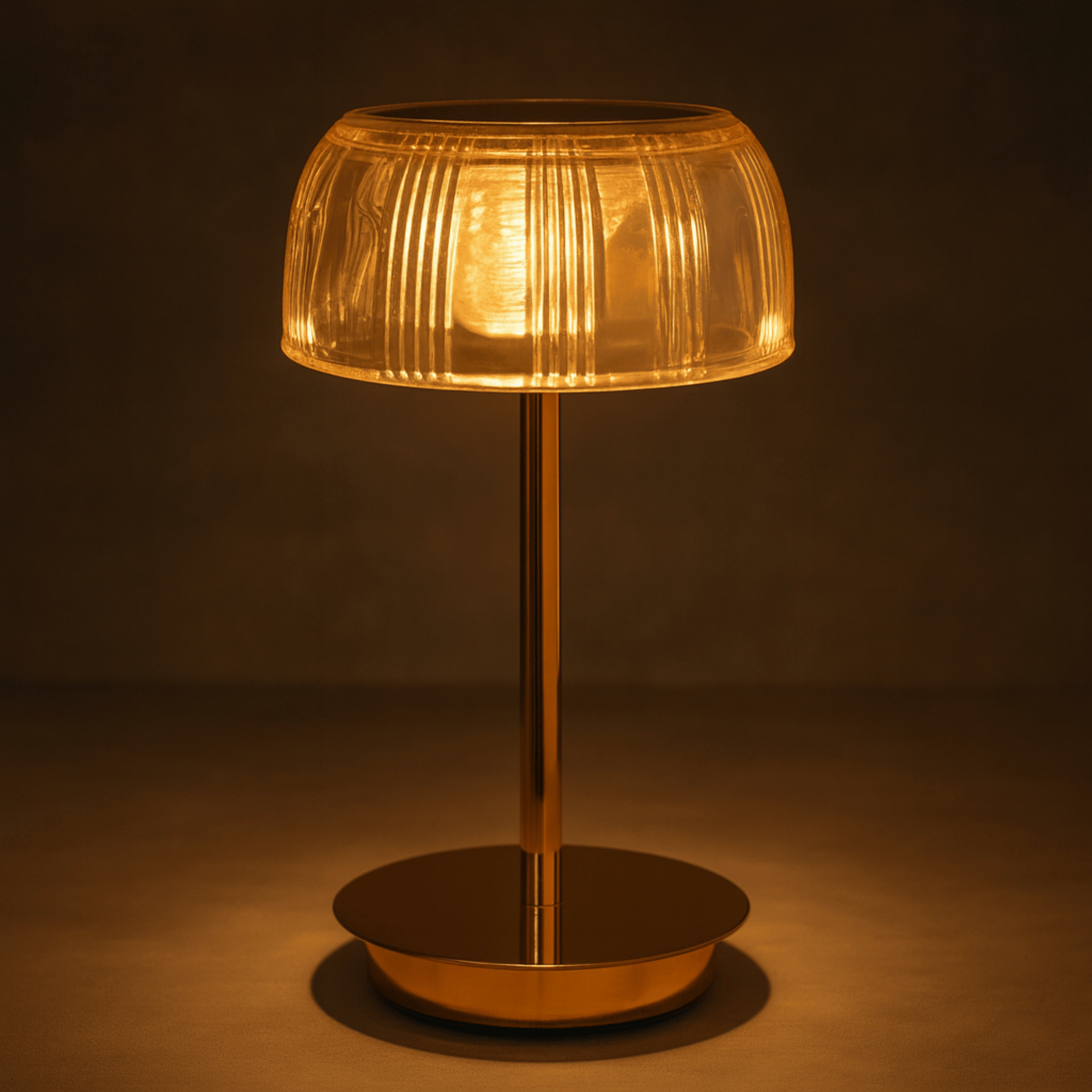 Rechargeable LED Glass Table Lamp with Ribbed Shade and Metal Base