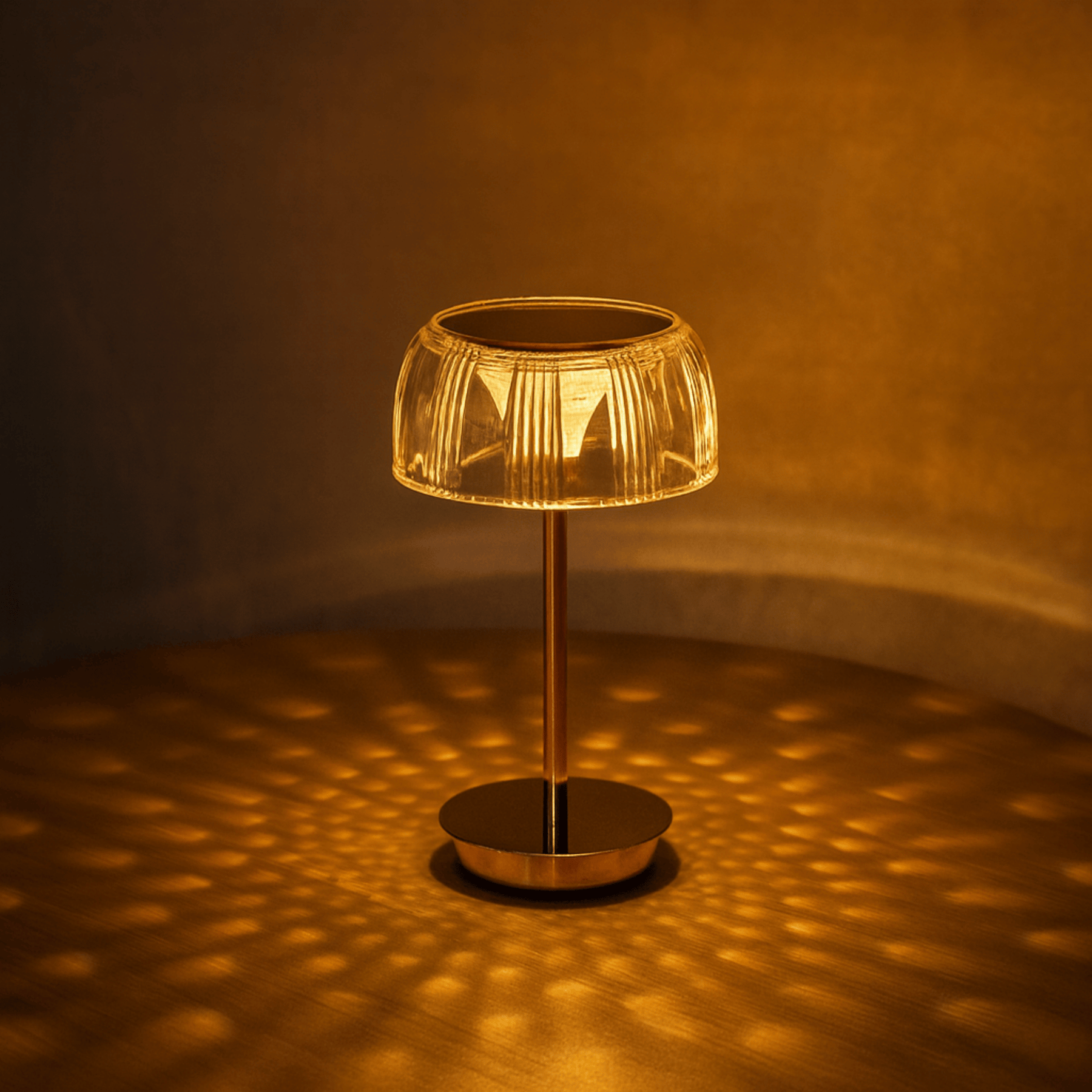 Rechargeable LED Glass Table Lamp with Ribbed Shade and Metal Base