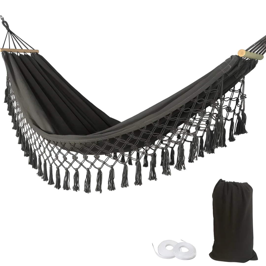 Cotton Hammock with Fringe Tassels and Wooden Spreader Bar