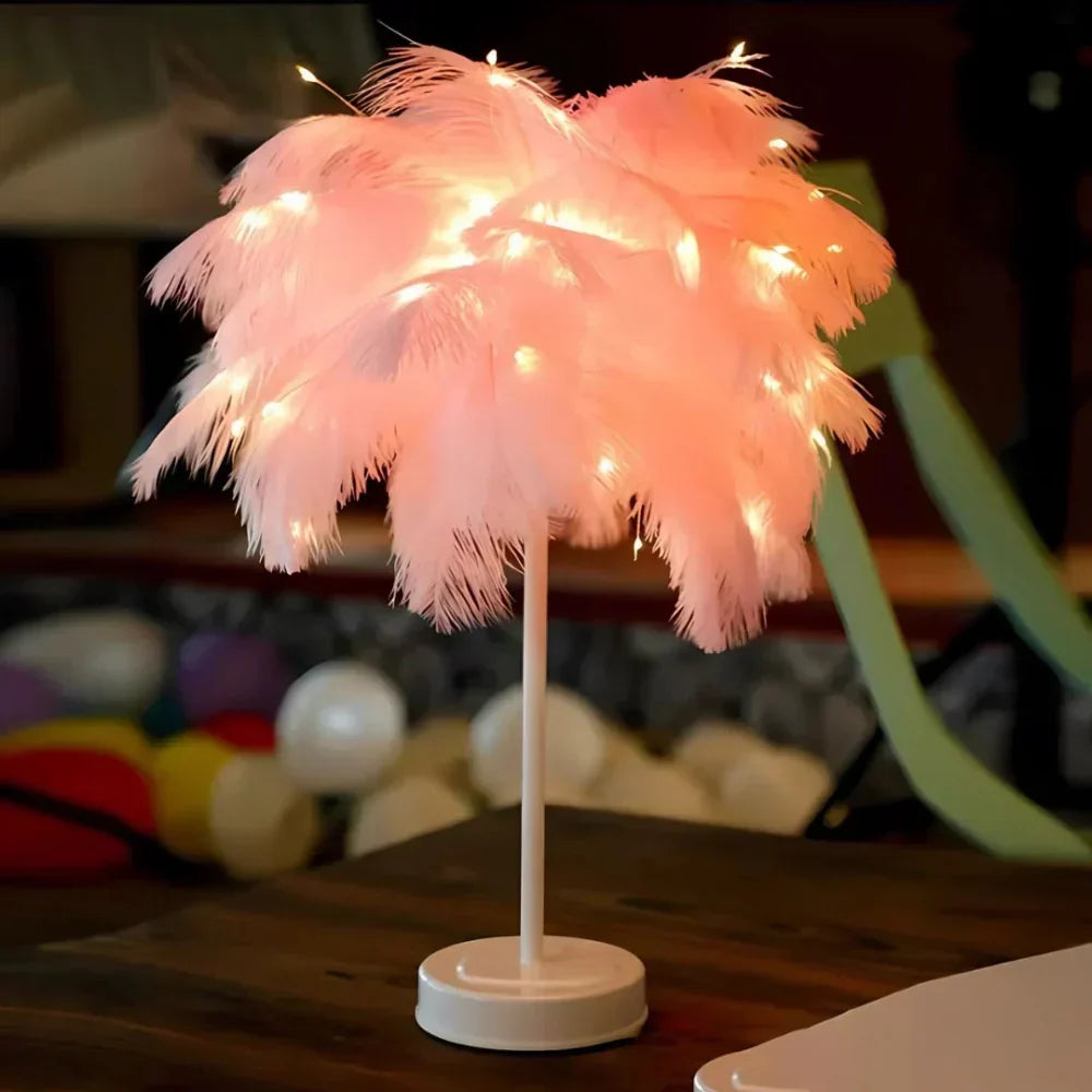 Feather Table Lamp with Metal Stem and Round Base