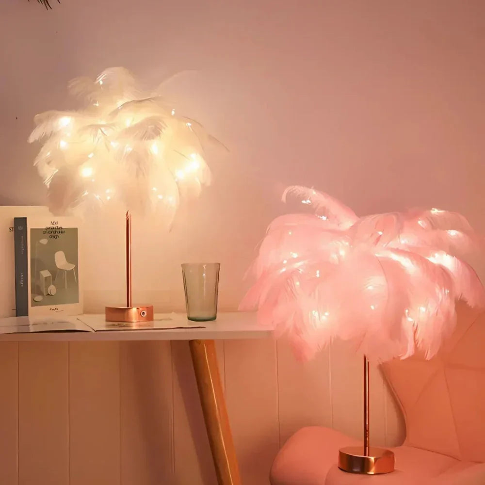 Feather Table Lamp with Metal Stem and Round Base
