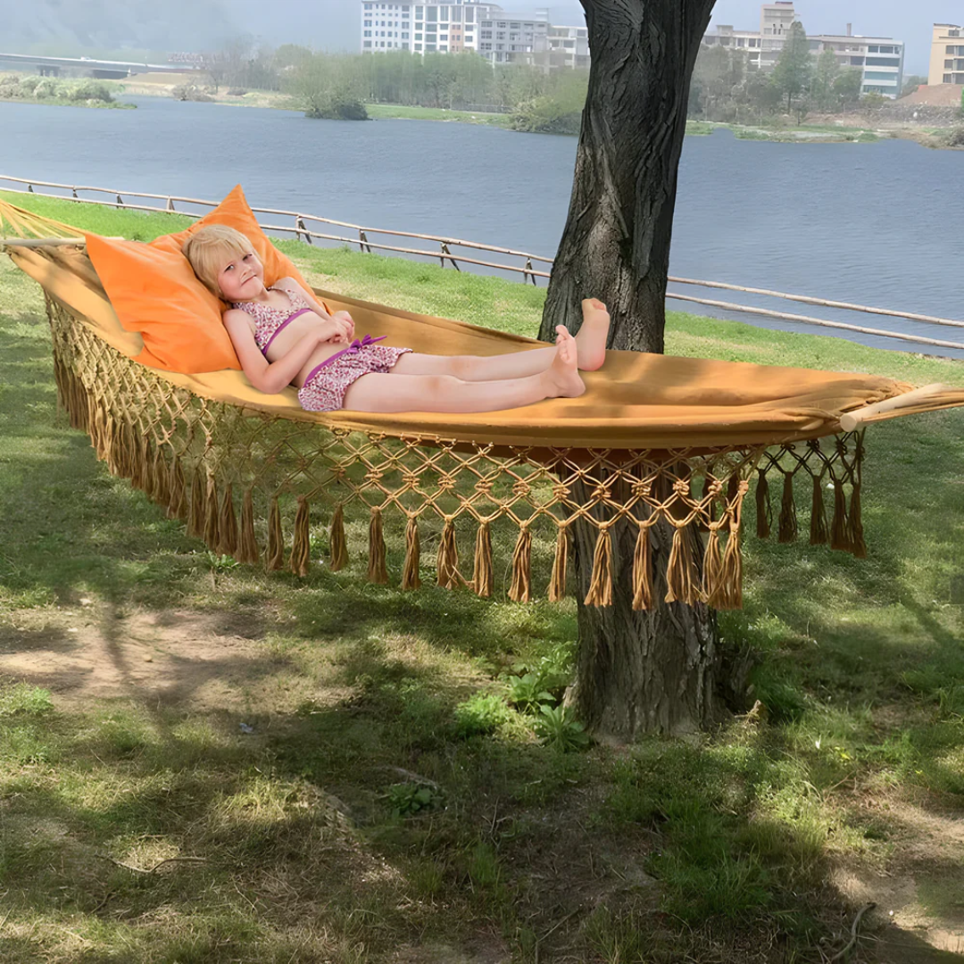 Cotton Hammock with Fringe Tassels and Wooden Spreader Bar