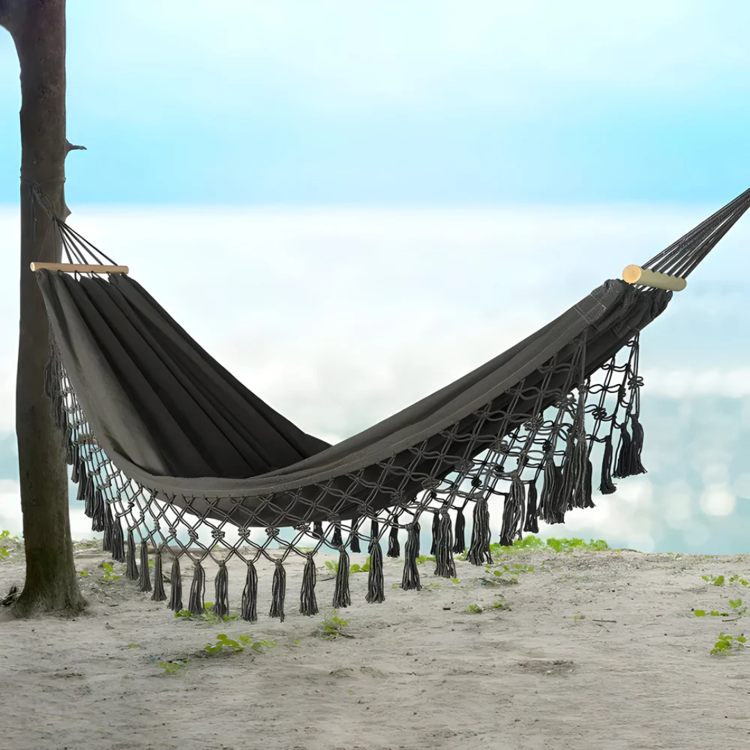 Cotton Hammock with Fringe Tassels and Wooden Spreader Bar