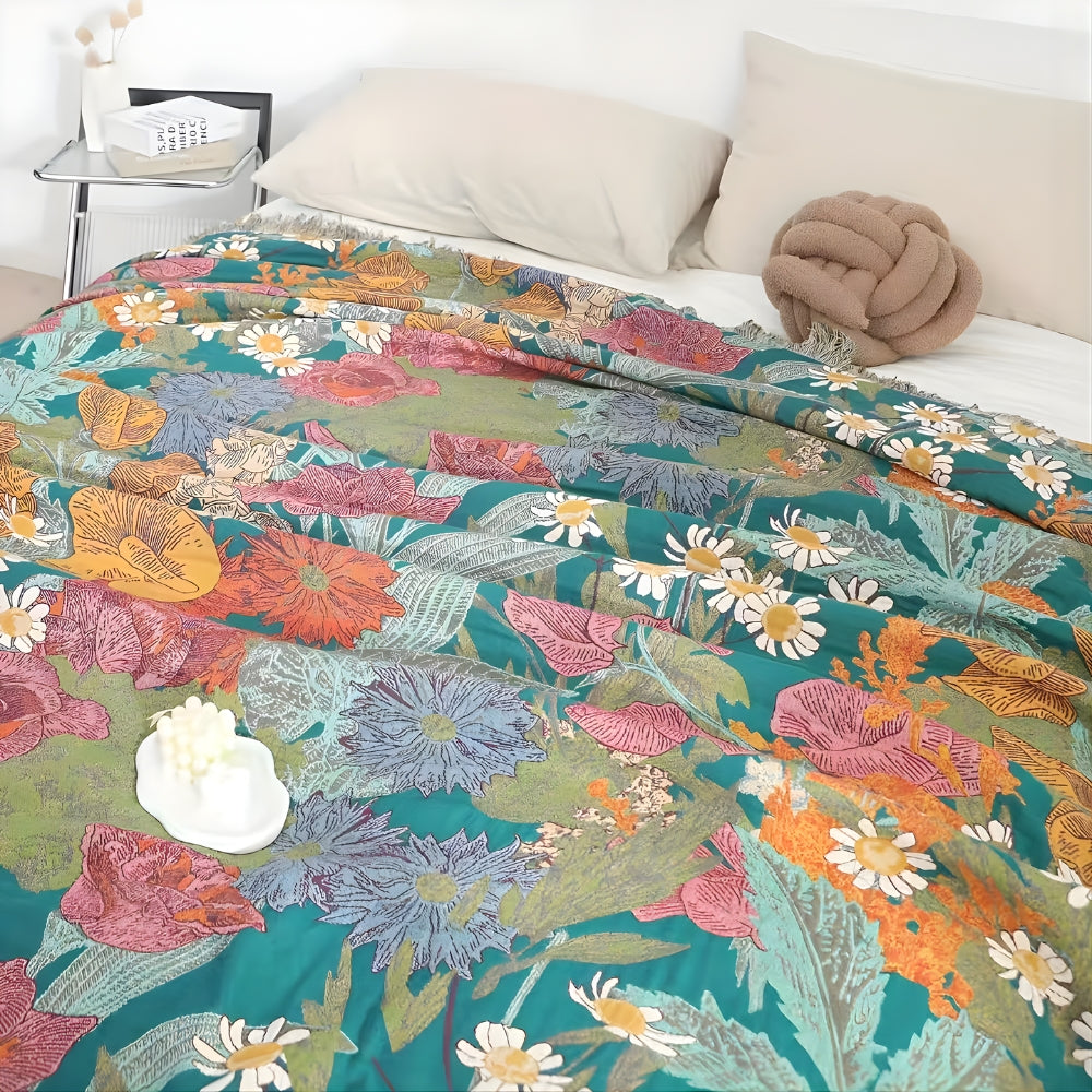 Bohemian Floral Patchwork Tassel Blanket