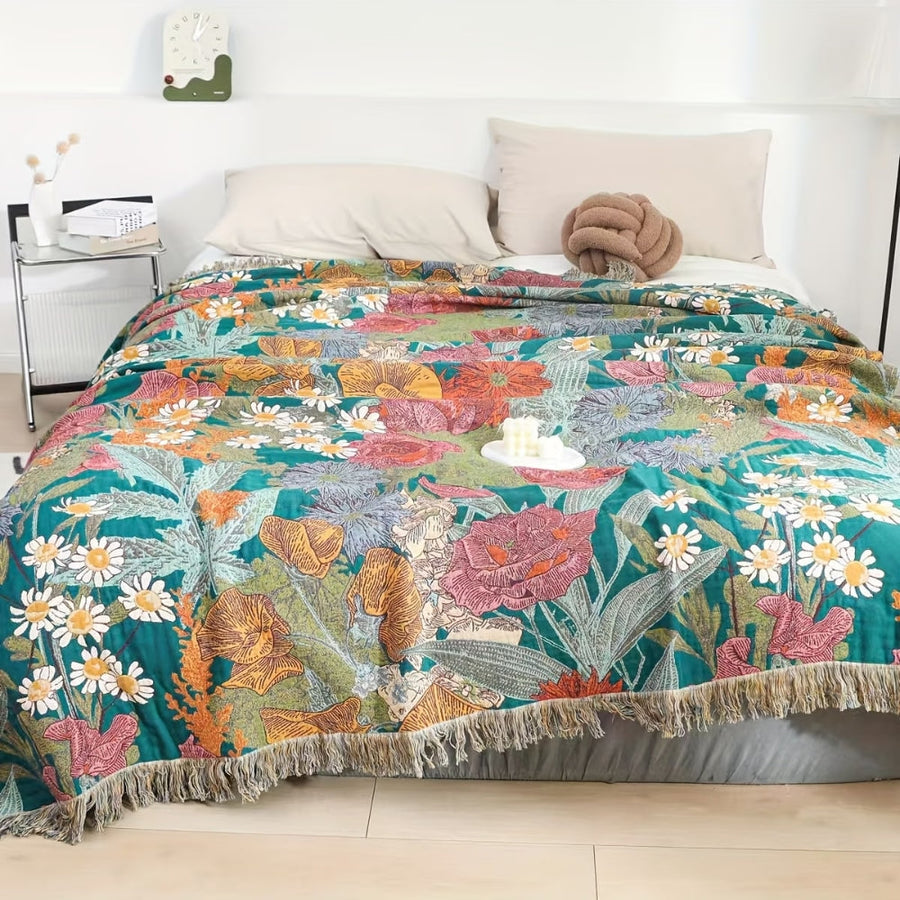 Bohemian Floral Patchwork Tassel Blanket