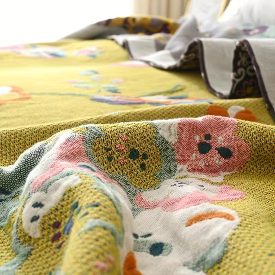 Boho Garden Bird Floral Blanket | 100% Cotton Blanket