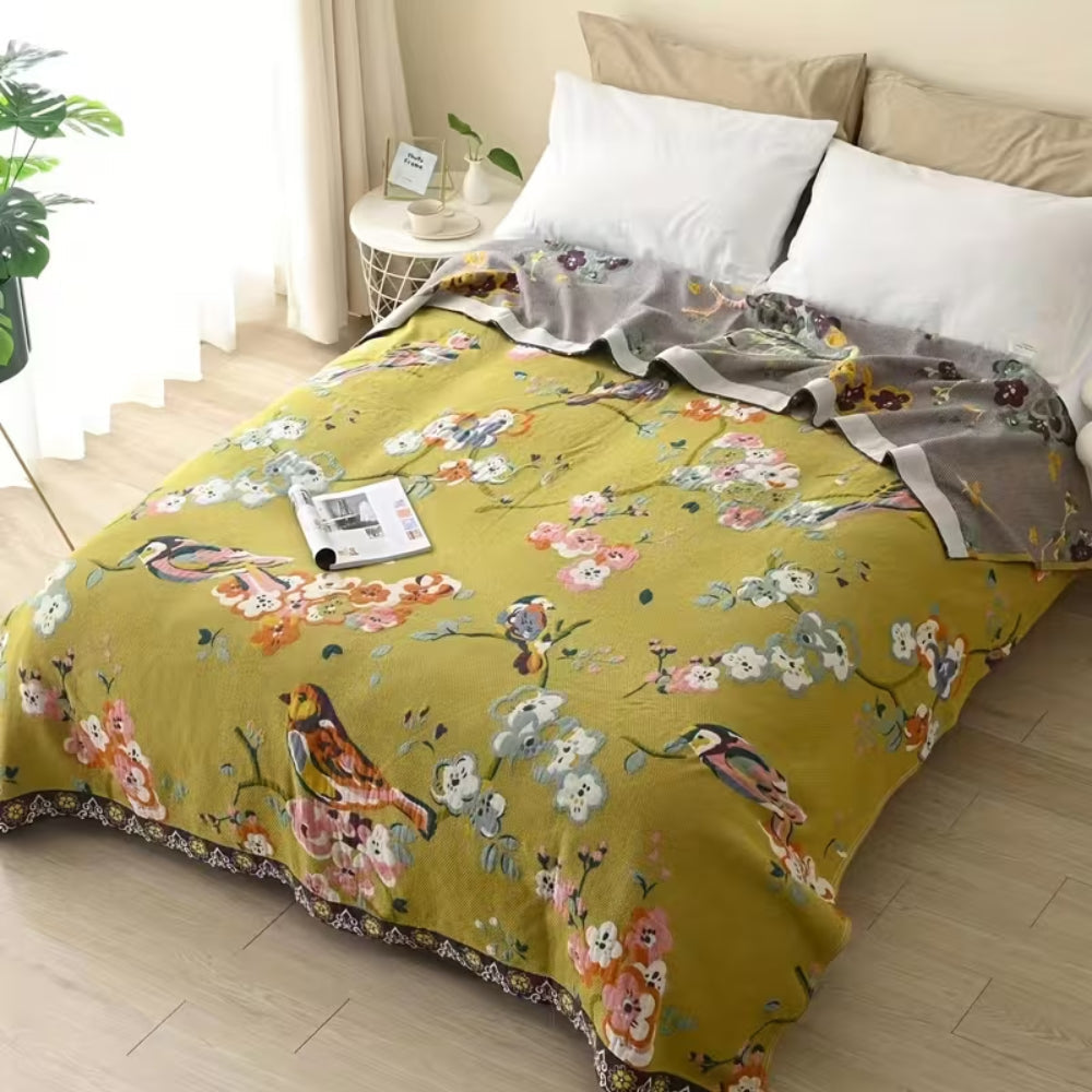 Boho Garden Bird Floral Blanket | 100% Cotton Blanket