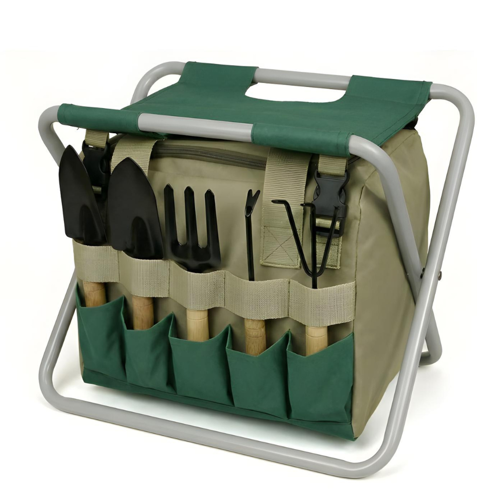 Garden Tool Set with Folding Stool and Carry Bag