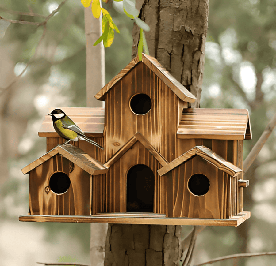 Hanging Wooden Birdhouse with Multi-House Nesting Design