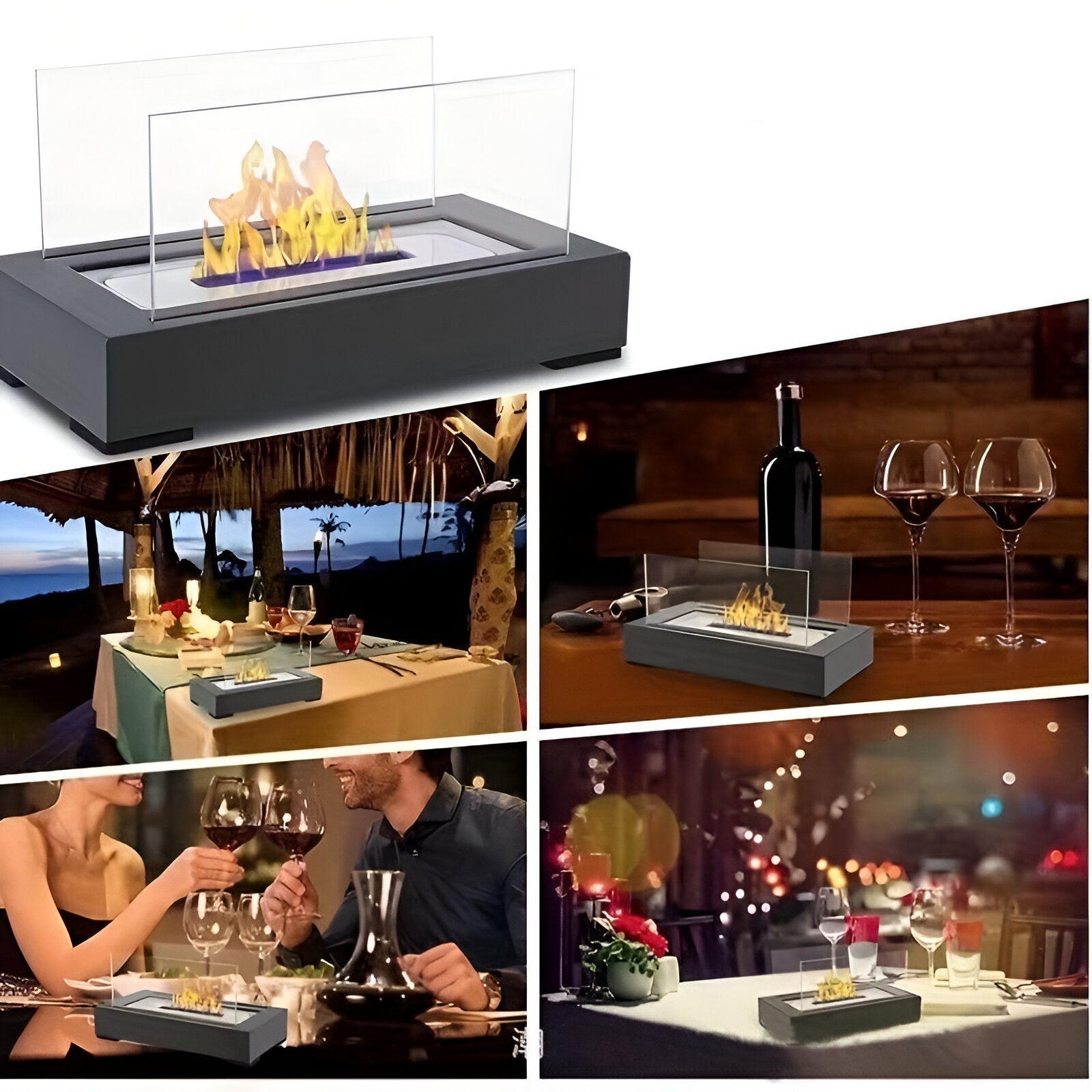 Rectangular Tabletop Bioethanol Fireplace with Glass Panels