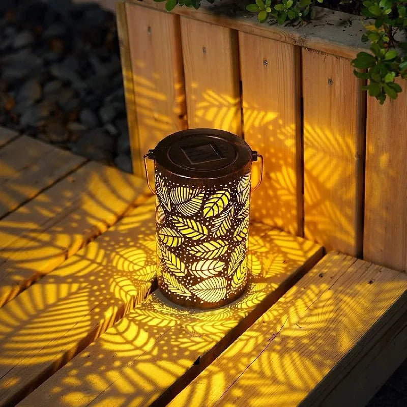 Cylindrical Solar Garden Lantern With Leaf Cutout