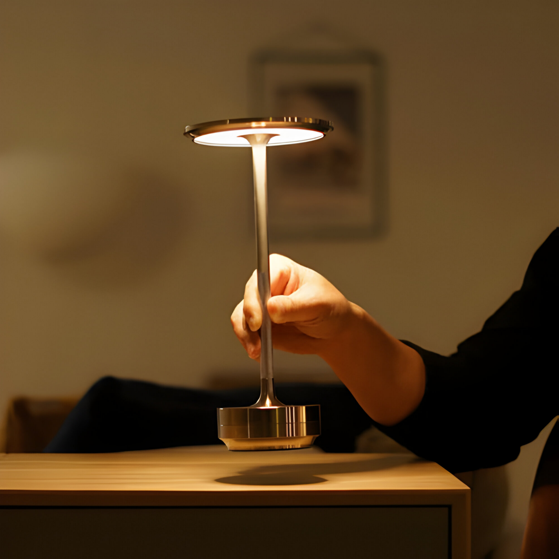Rechargeable LED Table Lamp with Disc Light Head and Metal Base