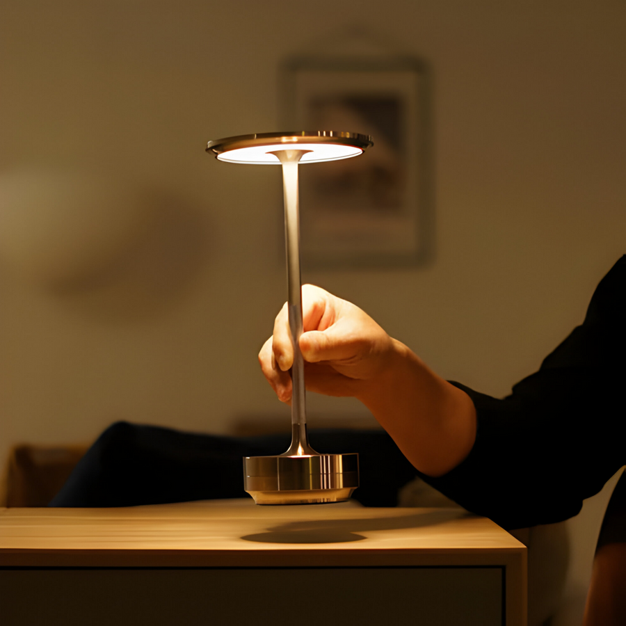 Rechargeable LED Table Lamp with Disc Light Head and Metal Base