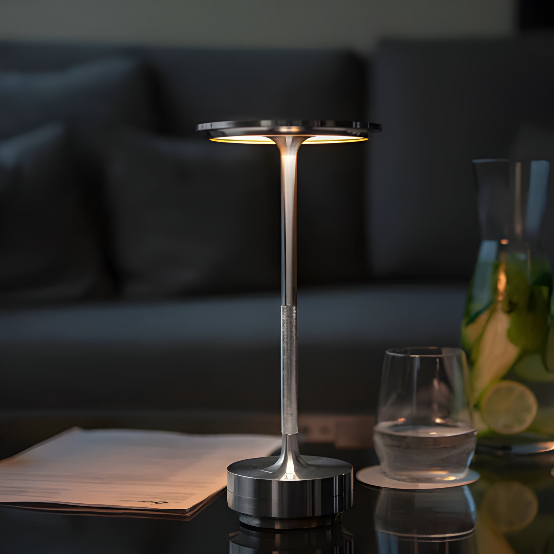 Rechargeable LED Table Lamp with Disc Light Head and Metal Base