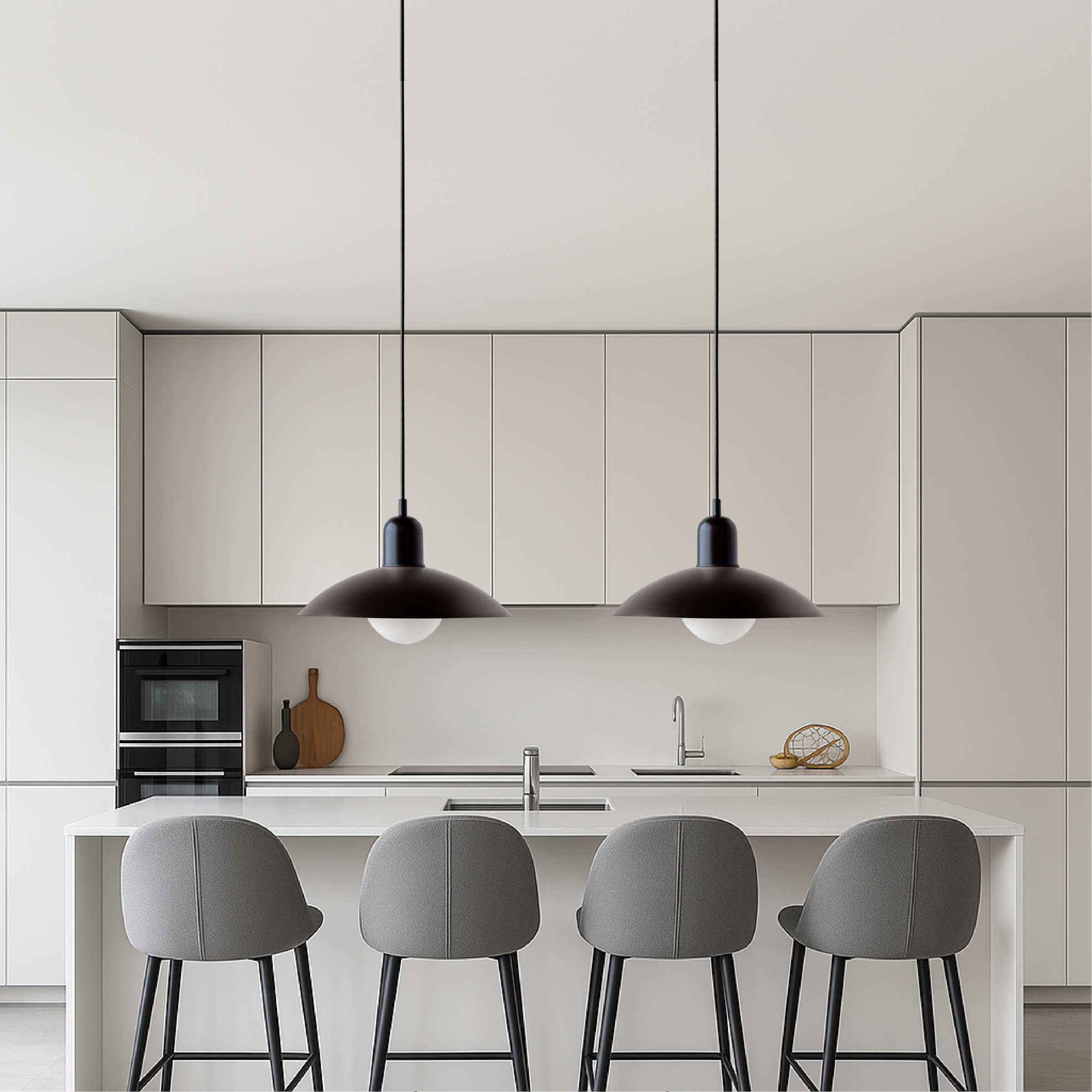 Hanging ceiling lamp with shallow curved metal shade