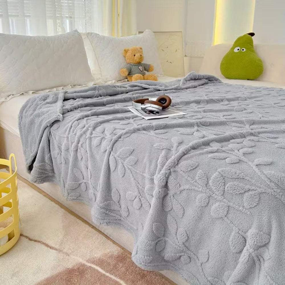Plush Leaf Cosy Embossed Fleece Throw Blanket
