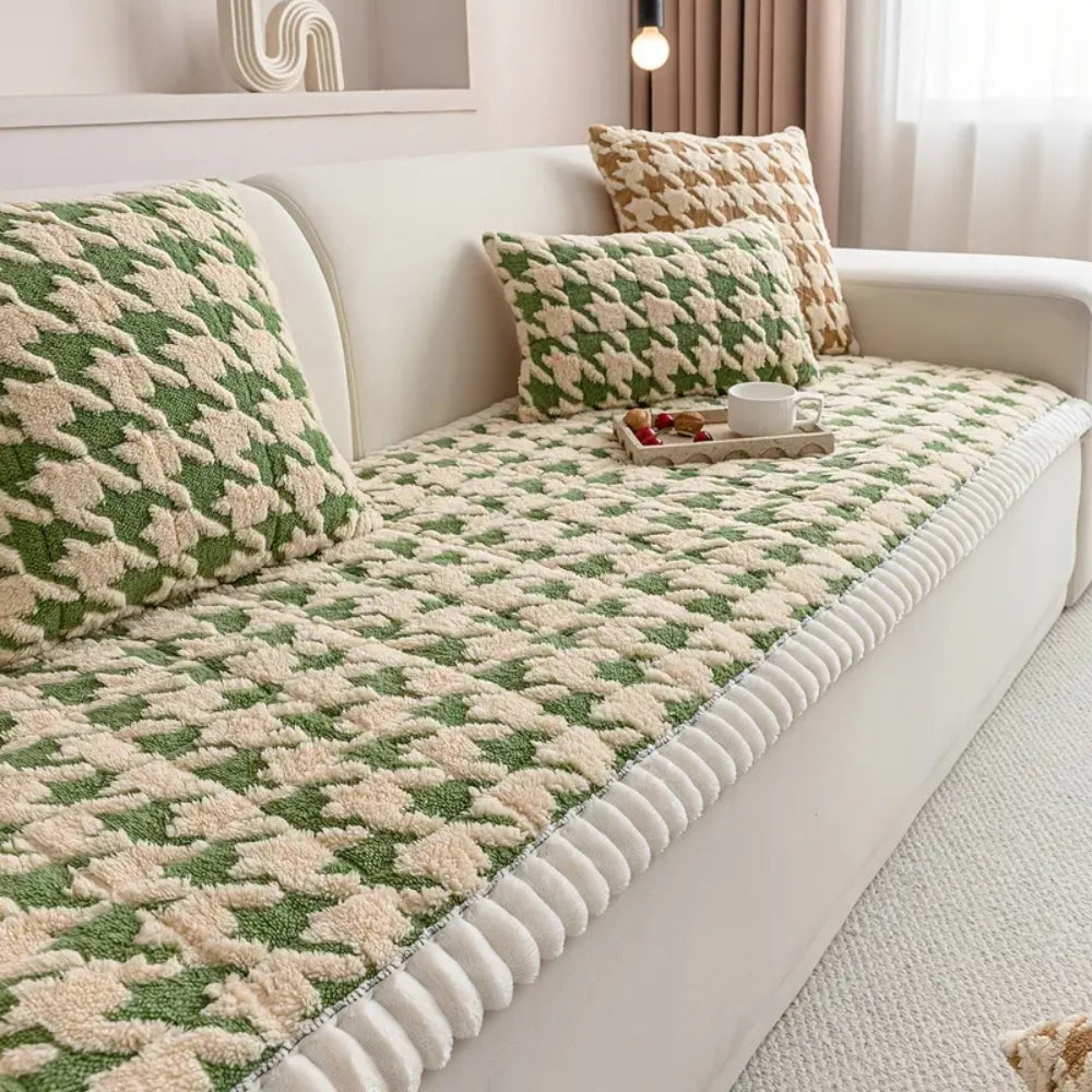 Colourful Plush Houndstooth Couch Cover and Cushion Cover