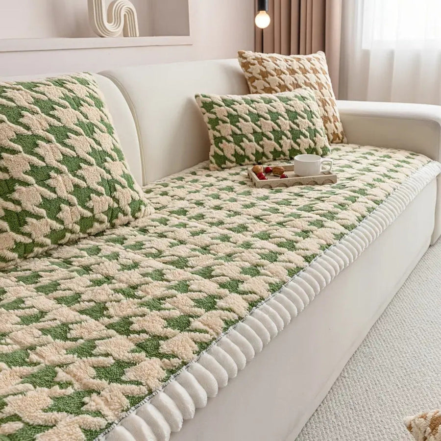 Colourful Plush Houndstooth Couch Cover and Cushion Cover