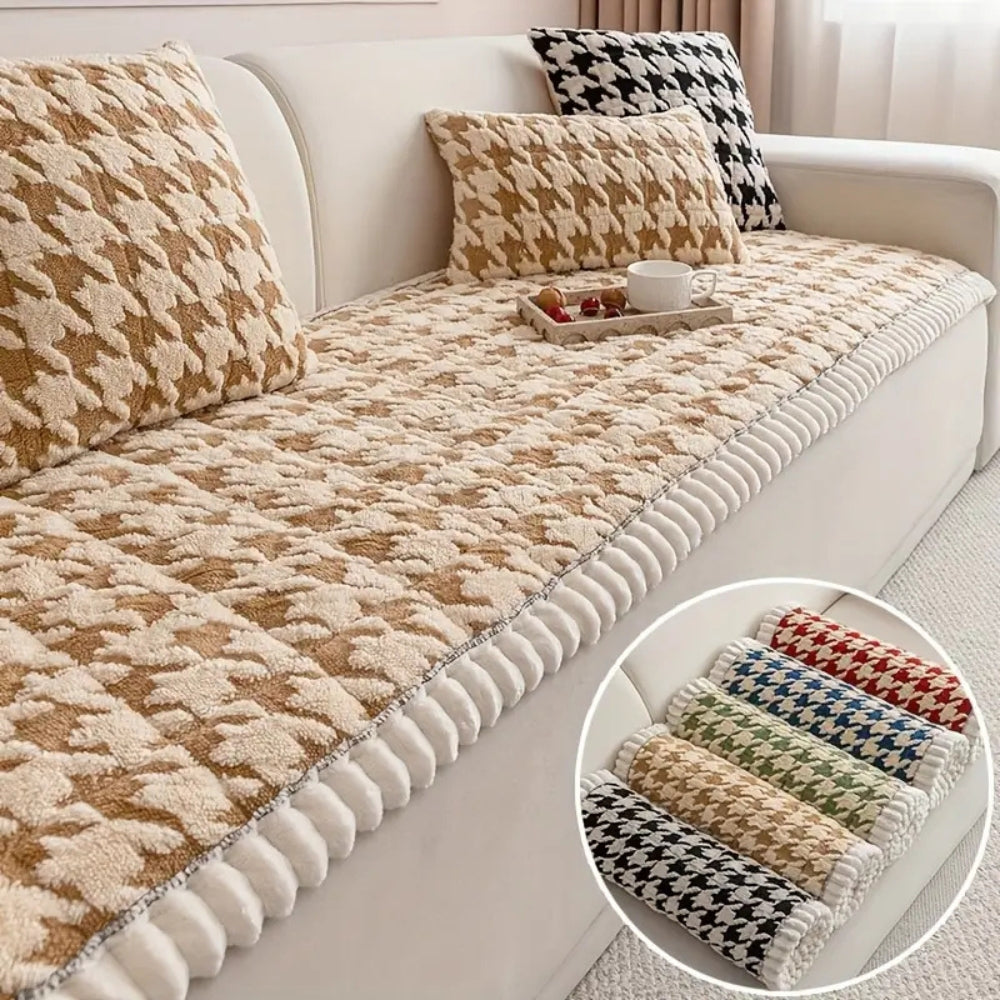 Colourful Plush Houndstooth Couch Cover and Cushion Cover
