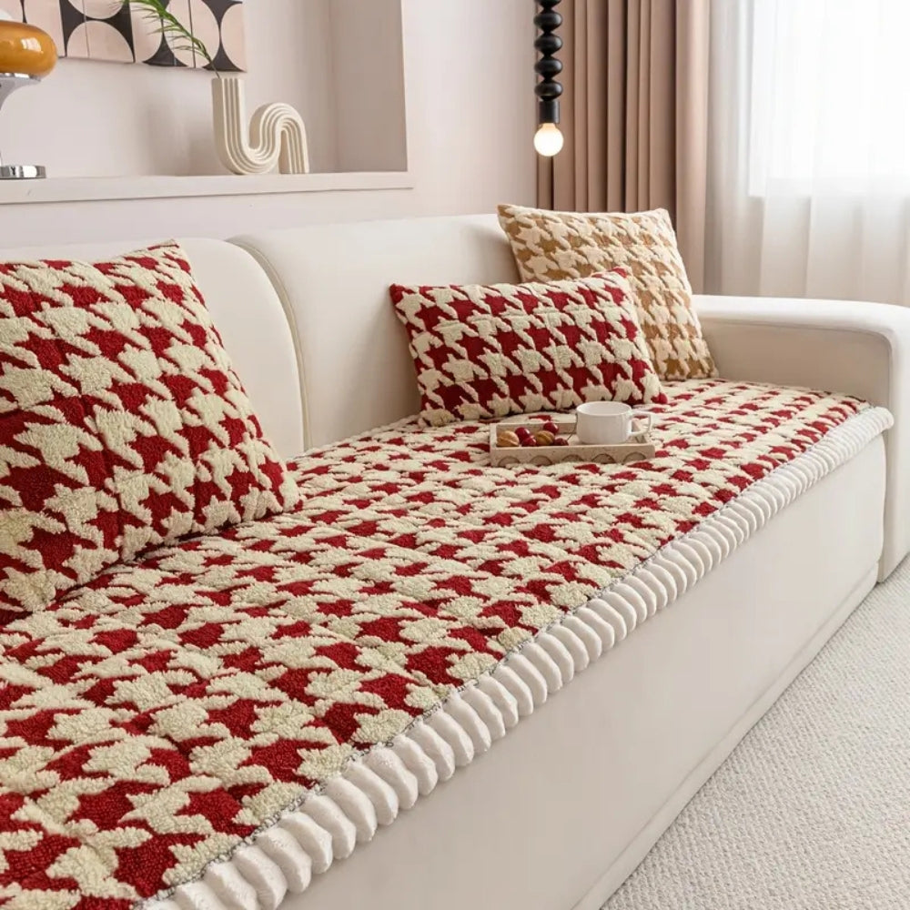 Colourful Plush Houndstooth Couch Cover and Cushion Cover