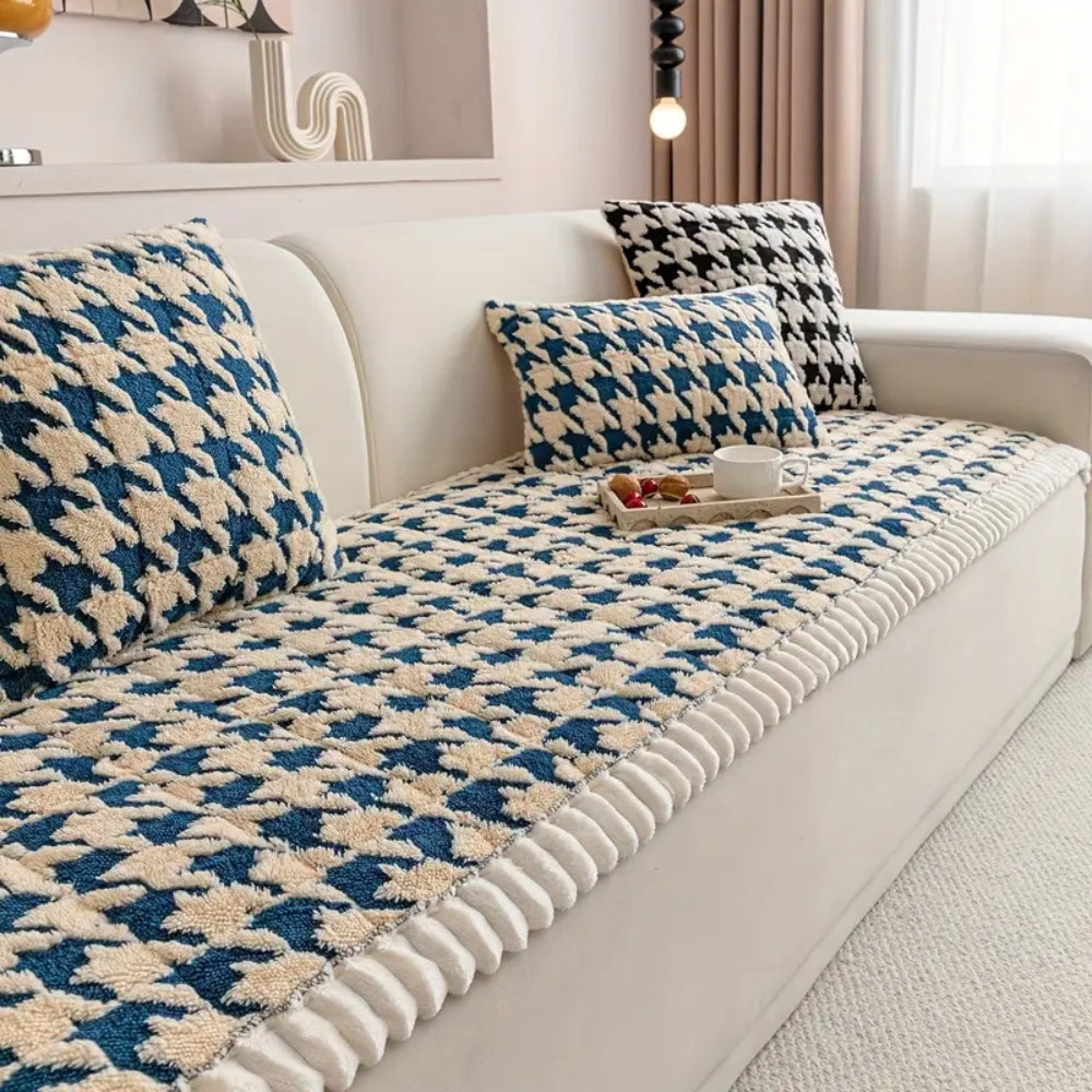 Colourful Plush Houndstooth Couch Cover and Cushion Cover