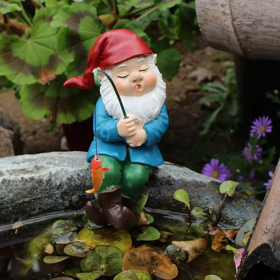 Resin Garden Gnome Figure Sitting with Fishing Rod