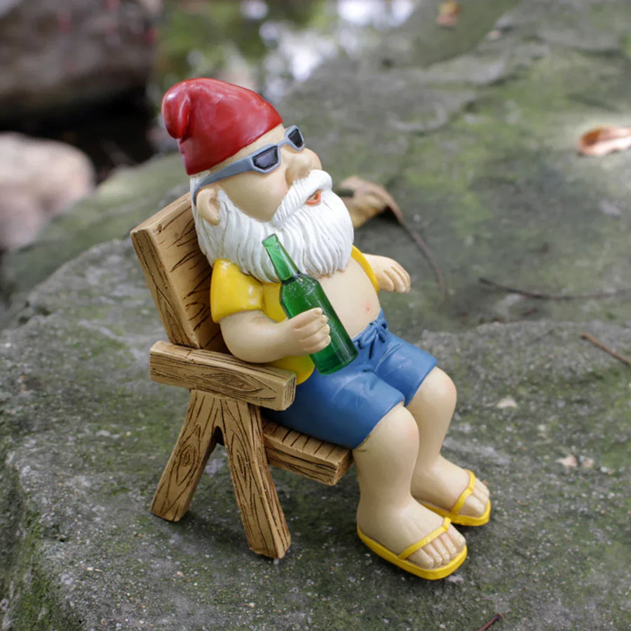 Garden Gnome Statue Sitting on Chair with Bottle