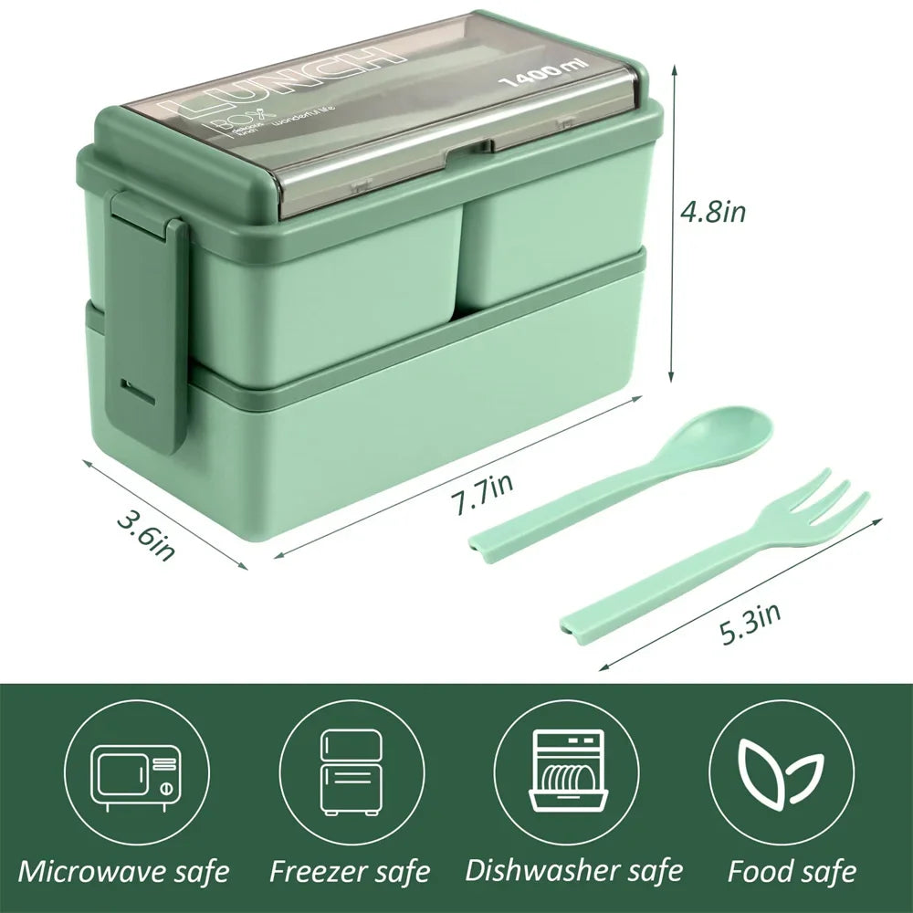 1400ml Double Layer Bento Box | Portable Lunch Box with Fork & Spoon – Microwave Safe Food Storage for Kids & Adults