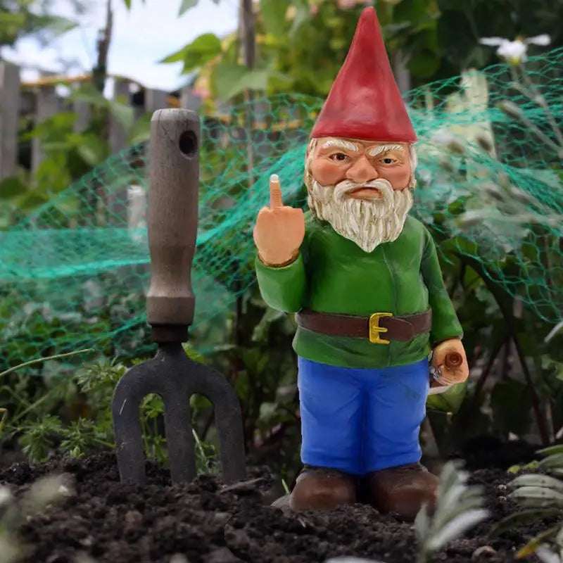 Garden Gnome Statue with Hand Sign Resin Outdoor Figurine