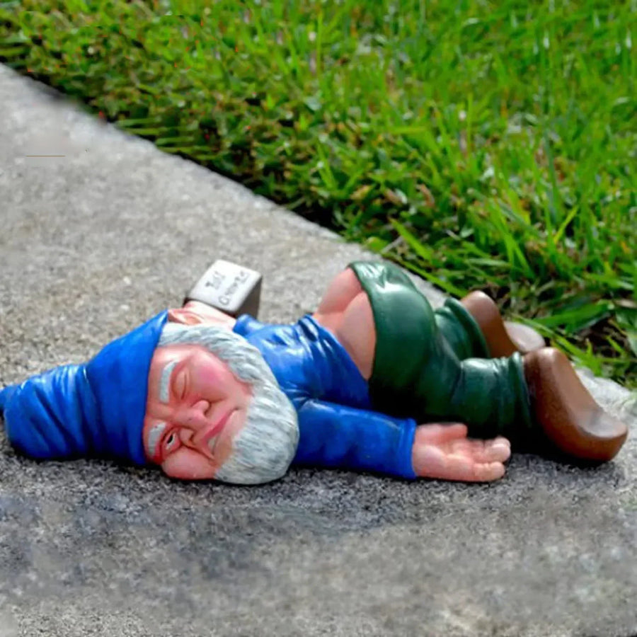 Lying Garden Gnome Statue with Hat and Bottle