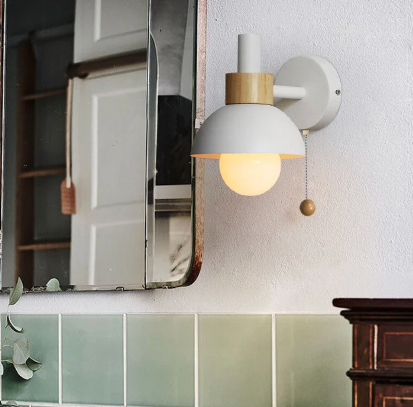 Wall Light with Pull Chain Modern Wooden Accent Sconce