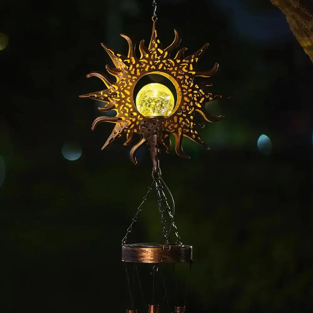 Solar Hanging Garden Light With Sun Shape Glass Ball And Dusk Sensor