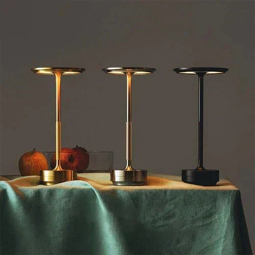 Wireless table lamp with circular metal shade