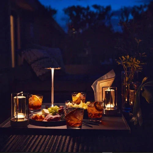 Wireless table lamp with circular metal shade