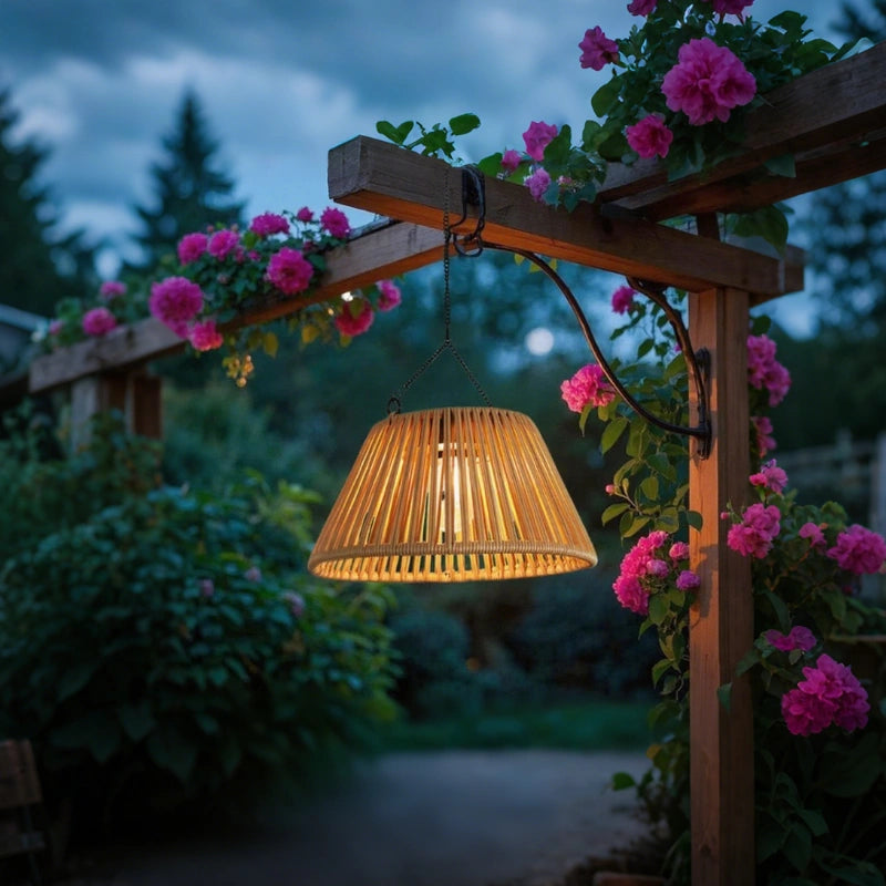 Solar Hanging Garden Lantern With Natural Woven Shade