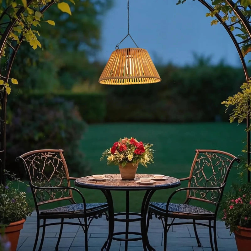 Solar Hanging Garden Lantern With Natural Woven Shade