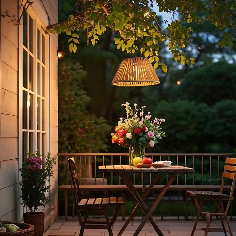 Solar Hanging Garden Lantern With Natural Woven Shade