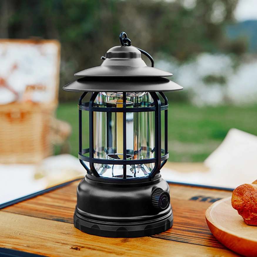 Rechargeable LED Camping Lantern with Hanging Hook and Metal Cage